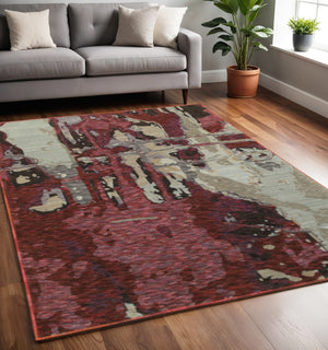 HomeRoots 10' Contemporary Abstract Red and Beige Area Rug – Durable, Stain-Resistant for Homes with Pets 5' X 7' 510542