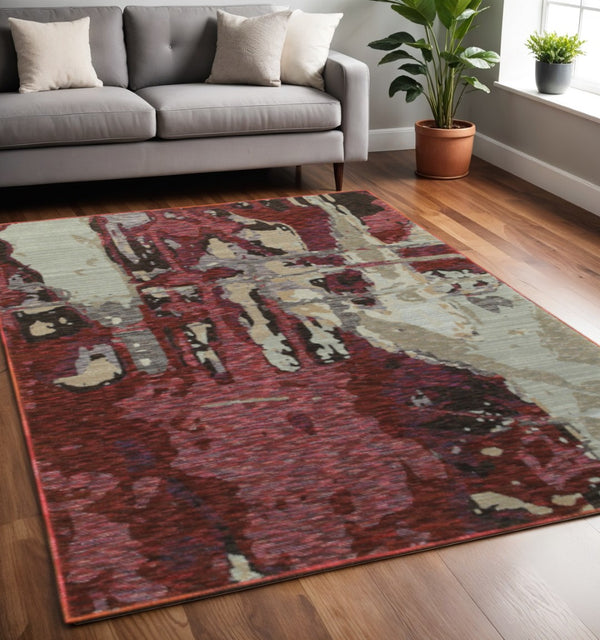 HomeRoots 10' Contemporary Abstract Red and Beige Area Rug – Durable, Stain-Resistant for Homes with Pets 5' X 7' 510542