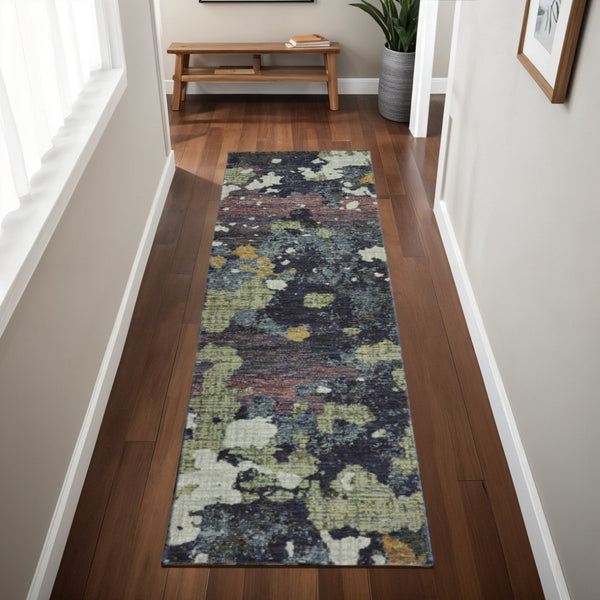 HomeRoots 10' Blue and Green Abstract Power Loom Area Rug - Contemporary Style, Stain-Resistant, Durable Design 2'3" x 8' 510548