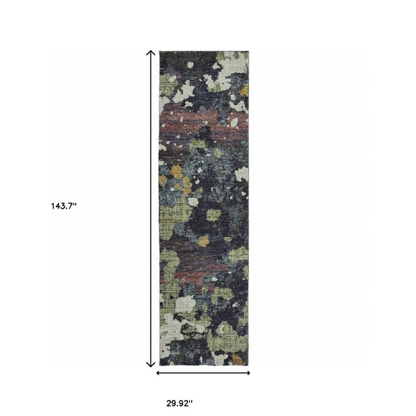 HomeRoots 10' Blue and Green Abstract Power Loom Area Rug - Contemporary Style, Stain-Resistant, Durable Design 2'6" x 12' 510549