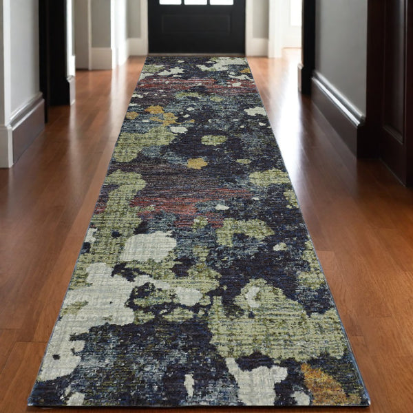 HomeRoots 10' Blue and Green Abstract Power Loom Area Rug - Contemporary Style, Stain-Resistant, Durable Design 2'6" x 12' 510549