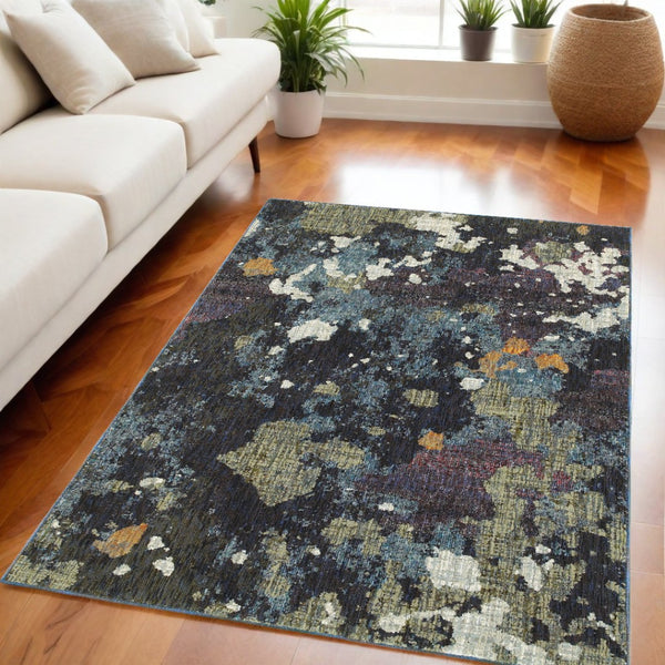 HomeRoots 10' Blue and Green Abstract Power Loom Area Rug - Contemporary Style, Stain-Resistant, Durable Design 5' X 7' 510551