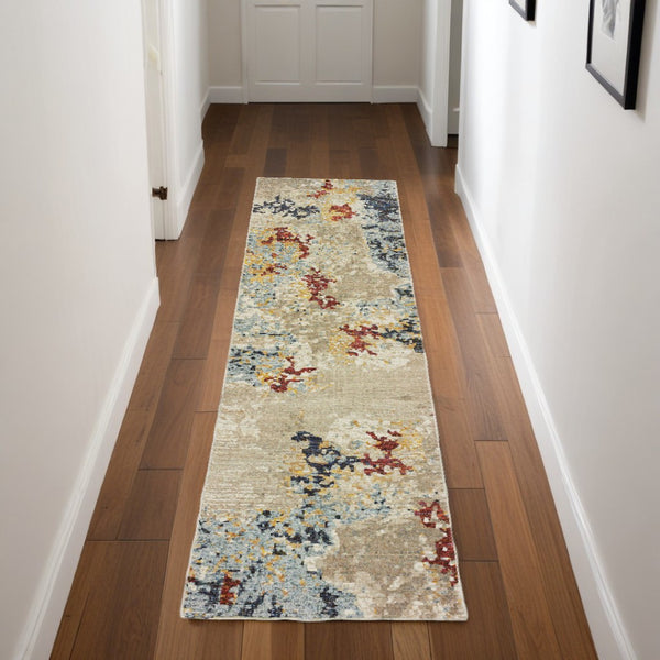 HomeRoots 10' Abstract Blue and Beige Power Loom Area Rug – Modern Design for Stylish, Durable Living Spaces 2'3" x 8' 510576