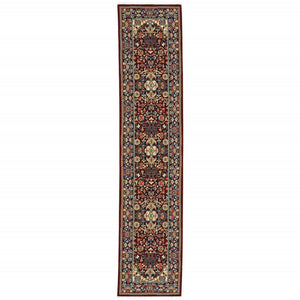 HomeRoots 6' Luxurious Red and Blue Oriental Runner Rug - Durable Wool-Nylon Blend for Timeless Elegance 2'6" x 12' 510599