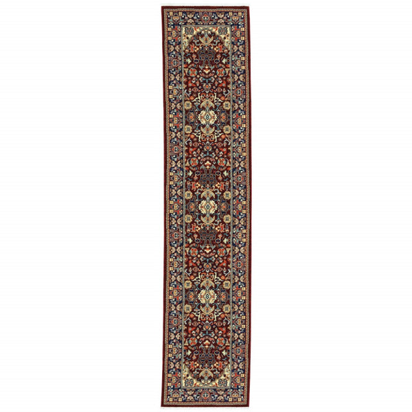 HomeRoots 6' Luxurious Red and Blue Oriental Runner Rug - Durable Wool-Nylon Blend for Timeless Elegance 2'6" x 12' 510599