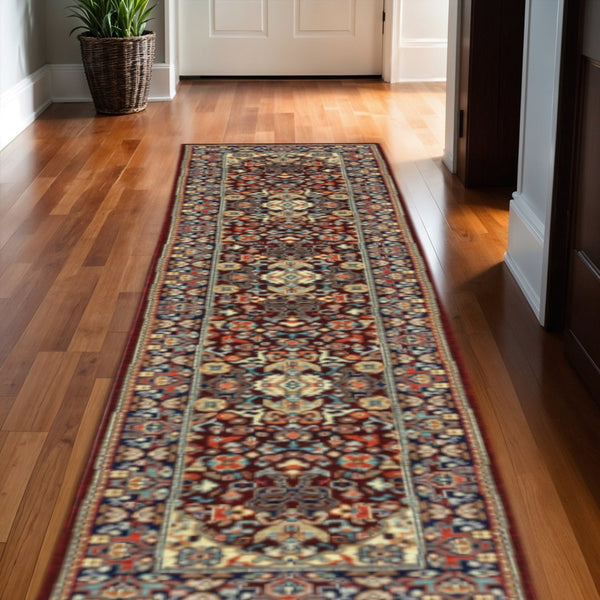 HomeRoots 6' Luxurious Red and Blue Oriental Runner Rug - Durable Wool-Nylon Blend for Timeless Elegance 2'6" x 12' 510599