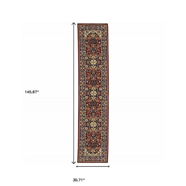 HomeRoots 6' Luxurious Red and Blue Oriental Runner Rug - Durable Wool-Nylon Blend for Timeless Elegance 2'6" x 12' 510599