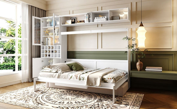 English Elm Full Size Murphy Wall Bed with Linen Sofa Integrated Shelving Usb Charging and Lighting LP000763AAK