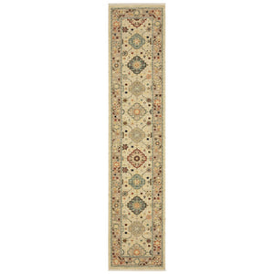 HomeRoots 2' Elegant Beige and Pale Blue Oriental Runner Rug - Stain Resistant, Fringed, Ideal for High Traffic Areas 2'6" x 12' 510600