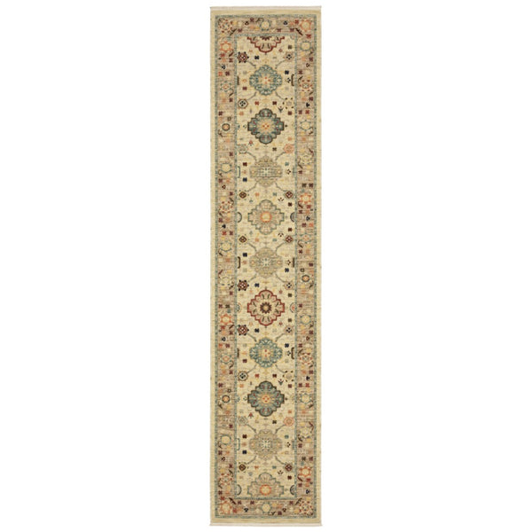 HomeRoots 2' Elegant Beige and Pale Blue Oriental Runner Rug - Stain Resistant, Fringed, Ideal for High Traffic Areas 2'6" x 12' 510600