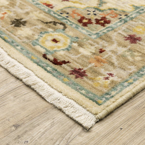 HomeRoots 2' Elegant Beige and Pale Blue Oriental Runner Rug - Stain Resistant, Fringed, Ideal for High Traffic Areas 2'6" x 12' 510600