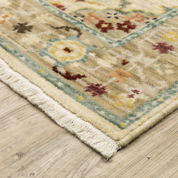 HomeRoots 2' Elegant Beige and Pale Blue Oriental Runner Rug - Stain Resistant, Fringed, Ideal for High Traffic Areas 2'6" x 12' 510600