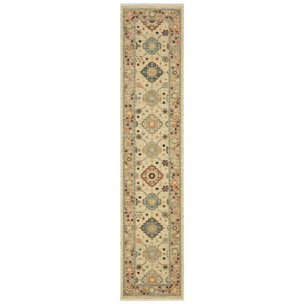 HomeRoots 2' Elegant Beige and Pale Blue Oriental Runner Rug - Stain Resistant, Fringed, Ideal for High Traffic Areas 2'6" x 12' 510600
