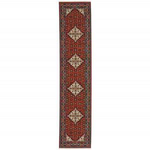 HomeRoots 2' Elegant Red Blue Ivory Orange Oriental Runner Rug - Stain Resistant, Durable, Classic Fringe Design 2'6" x 12' 510603