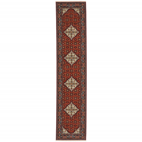 HomeRoots 2' Elegant Red Blue Ivory Orange Oriental Runner Rug - Stain Resistant, Durable, Classic Fringe Design 2'6" x 12' 510603