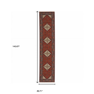 HomeRoots 2' Elegant Red Blue Ivory Orange Oriental Runner Rug - Stain Resistant, Durable, Classic Fringe Design 2'6" x 12' 510603