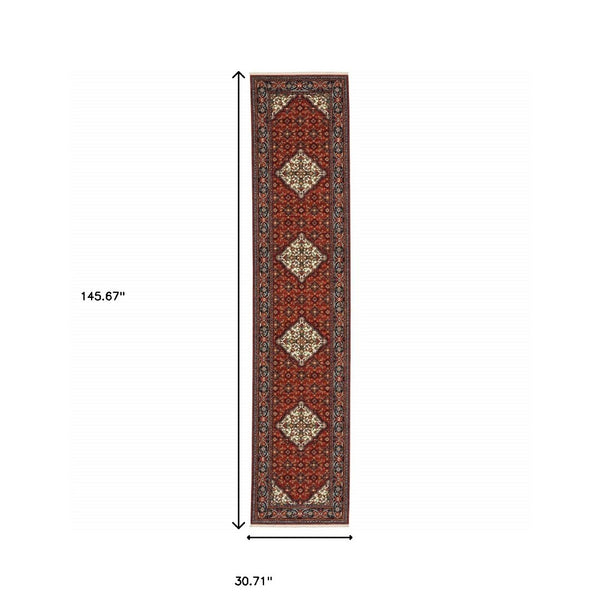 HomeRoots 2' Elegant Red Blue Ivory Orange Oriental Runner Rug - Stain Resistant, Durable, Classic Fringe Design 2'6" x 12' 510603