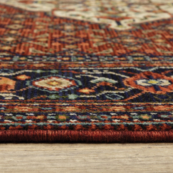 HomeRoots 2' Elegant Red Blue Ivory Orange Oriental Runner Rug - Stain Resistant, Durable, Classic Fringe Design 2'6" x 12' 510603
