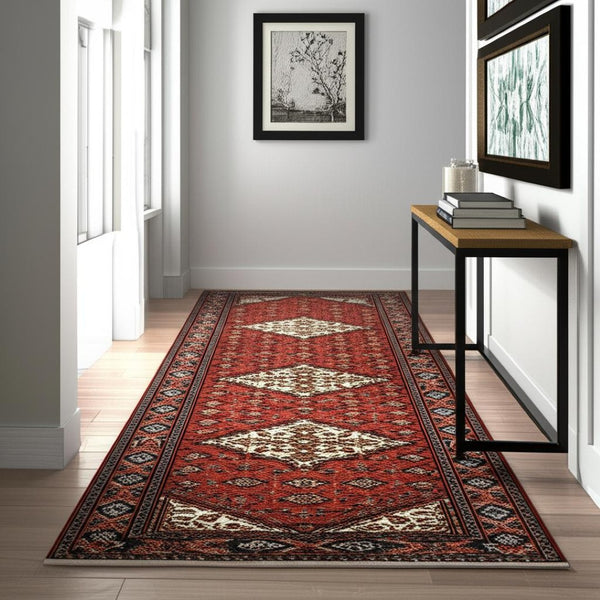 HomeRoots 2' Elegant Red Blue Ivory Orange Oriental Runner Rug - Stain Resistant, Durable, Classic Fringe Design 2'6" x 12' 510603