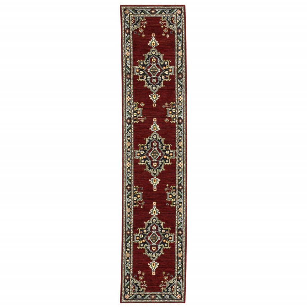 HomeRoots 2' Elegant Red, Ivory, Blue & Orange Oriental Runner Rug - Stain Resistant with Classic Fringe Detail 2'6" x 12' 510604