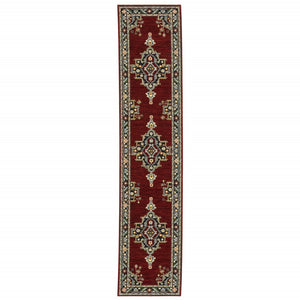 HomeRoots 2' Elegant Red, Ivory, Blue & Orange Oriental Runner Rug - Stain Resistant with Classic Fringe Detail 2'6" x 12' 510604