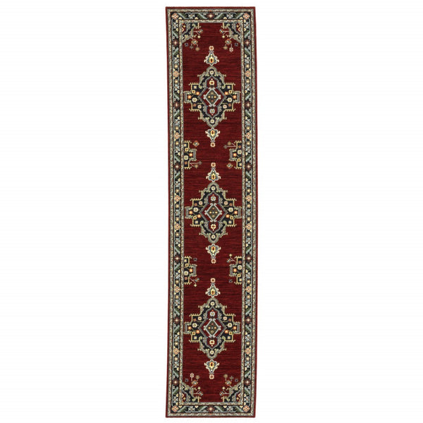 HomeRoots 2' Elegant Red, Ivory, Blue & Orange Oriental Runner Rug - Stain Resistant with Classic Fringe Detail 2'6" x 12' 510604