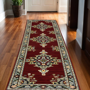 HomeRoots 2' Elegant Red, Ivory, Blue & Orange Oriental Runner Rug - Stain Resistant with Classic Fringe Detail 2'6" x 12' 510604