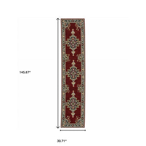 HomeRoots 2' Elegant Red, Ivory, Blue & Orange Oriental Runner Rug - Stain Resistant with Classic Fringe Detail 2'6" x 12' 510604