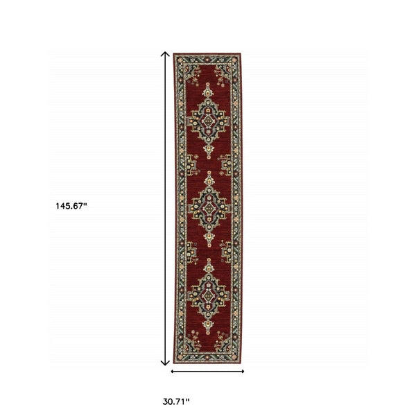 HomeRoots 2' Elegant Red, Ivory, Blue & Orange Oriental Runner Rug - Stain Resistant with Classic Fringe Detail 2'6" x 12' 510604