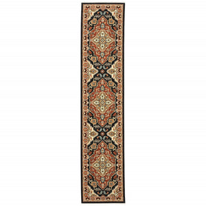 HomeRoots 2' Elegant Black and Orange Oriental Power Loom Runner Rug – Stain Resistant with Fringed Edges 2'6" x 12' 510605