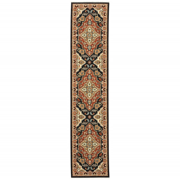 HomeRoots 2' Elegant Black and Orange Oriental Power Loom Runner Rug – Stain Resistant with Fringed Edges 2'6" x 12' 510605