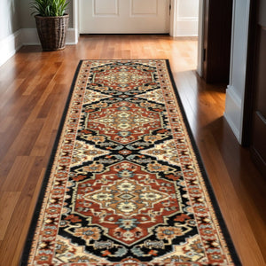 HomeRoots 2' Elegant Black and Orange Oriental Power Loom Runner Rug – Stain Resistant with Fringed Edges 2'6" x 12' 510605