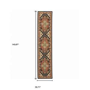 HomeRoots 2' Elegant Black and Orange Oriental Power Loom Runner Rug – Stain Resistant with Fringed Edges 2'6" x 12' 510605