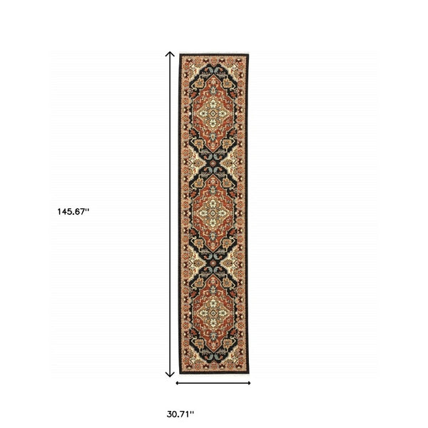 HomeRoots 2' Elegant Black and Orange Oriental Power Loom Runner Rug – Stain Resistant with Fringed Edges 2'6" x 12' 510605