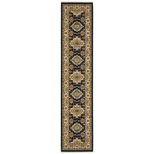 HomeRoots 6' Elegant Blue and Beige Oriental Power Loom Runner Rug for Timeless Style and Durability 2'6" x 12' 510606