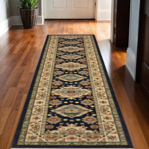 HomeRoots 6' Elegant Blue and Beige Oriental Power Loom Runner Rug for Timeless Style and Durability 2'6" x 12' 510606