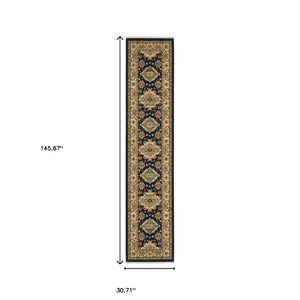 HomeRoots 6' Elegant Blue and Beige Oriental Power Loom Runner Rug for Timeless Style and Durability 2'6" x 12' 510606