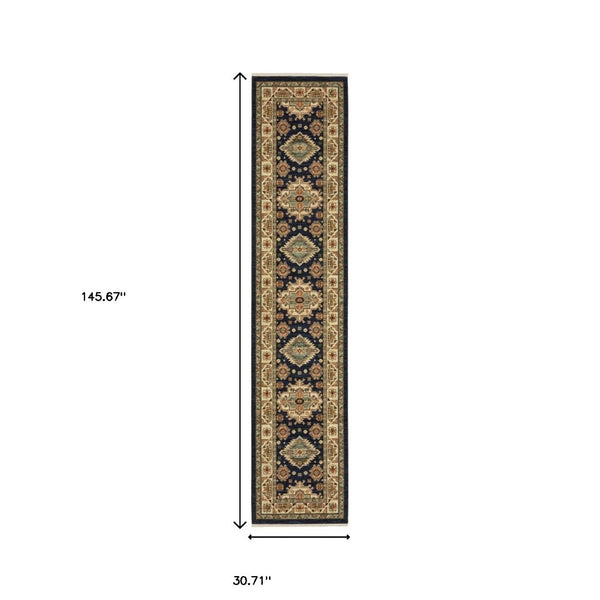 HomeRoots 6' Elegant Blue and Beige Oriental Power Loom Runner Rug for Timeless Style and Durability 2'6" x 12' 510606