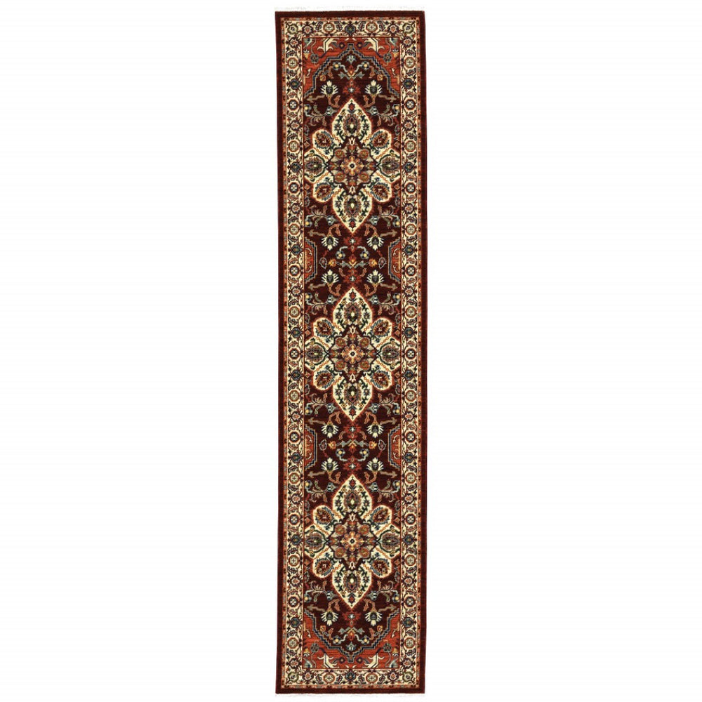 HomeRoots 2' Elegant Oriental Runner Rug in Vivid Red, Orange, Blue - Stain Resistant, Durable Design for Hallways 2'6" x 12' 510607