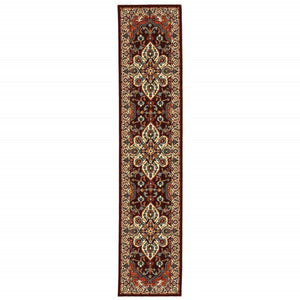 HomeRoots 2' Elegant Oriental Runner Rug in Vivid Red, Orange, Blue - Stain Resistant, Durable Design for Hallways 2'6" x 12' 510607