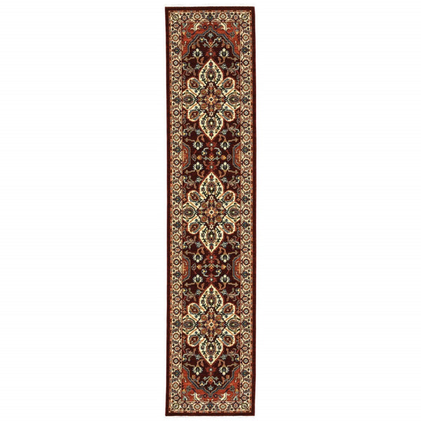 HomeRoots 2' Elegant Oriental Runner Rug in Vivid Red, Orange, Blue - Stain Resistant, Durable Design for Hallways 2'6" x 12' 510607
