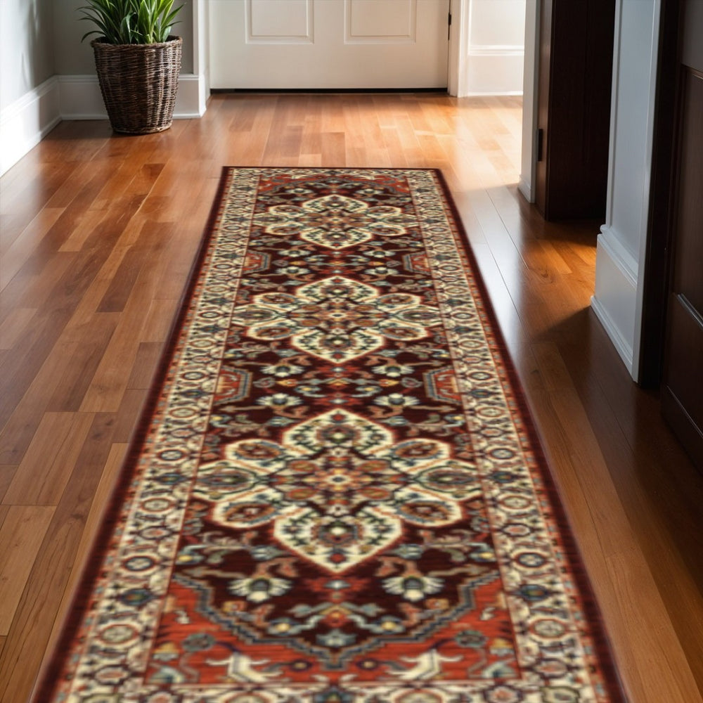 HomeRoots 2' Elegant Oriental Runner Rug in Vivid Red, Orange, Blue - Stain Resistant, Durable Design for Hallways 2'6" x 12' 510607