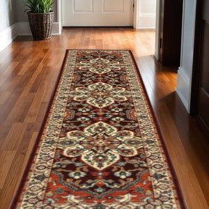 HomeRoots 2' Elegant Oriental Runner Rug in Vivid Red, Orange, Blue - Stain Resistant, Durable Design for Hallways 2'6" x 12' 510607