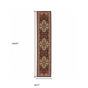 HomeRoots 2' Elegant Oriental Runner Rug in Vivid Red, Orange, Blue - Stain Resistant, Durable Design for Hallways 2'6" x 12' 510607