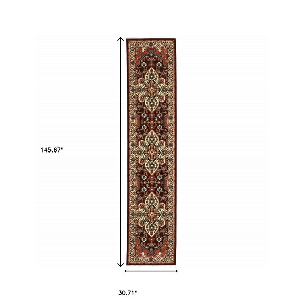 HomeRoots 2' Elegant Oriental Runner Rug in Vivid Red, Orange, Blue - Stain Resistant, Durable Design for Hallways 2'6" x 12' 510607