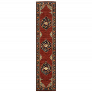HomeRoots 6' Medallion Runner Rug in Red, Blue, and Black – Durable Wool-Nylon Blend for Timeless Style 2'6" x 12' 510608