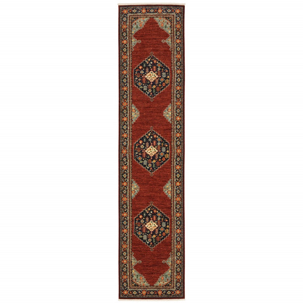 HomeRoots 6' Medallion Runner Rug in Red, Blue, and Black – Durable Wool-Nylon Blend for Timeless Style 2'6" x 12' 510608