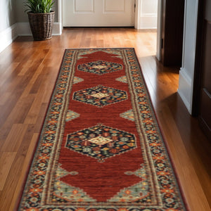 HomeRoots 6' Medallion Runner Rug in Red, Blue, and Black – Durable Wool-Nylon Blend for Timeless Style 2'6" x 12' 510608