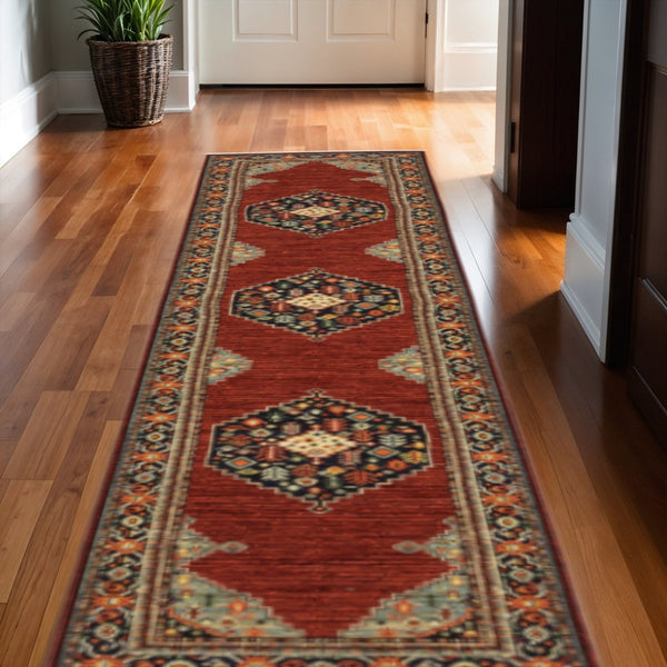 HomeRoots 6' Medallion Runner Rug in Red, Blue, and Black – Durable Wool-Nylon Blend for Timeless Style 2'6" x 12' 510608