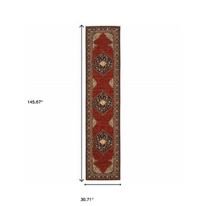 HomeRoots 6' Medallion Runner Rug in Red, Blue, and Black – Durable Wool-Nylon Blend for Timeless Style 2'6" x 12' 510608